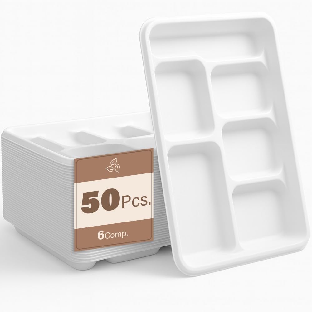 50pc Biodegradable Bagasse Plates 9”/10” Flat Compartment Plates Eco Friendly