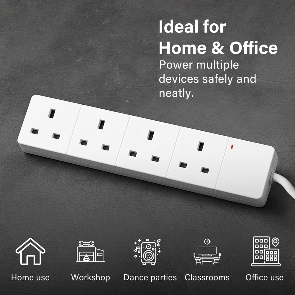 4 Way Extension Lead 2M / 5M Heavy Duty Long Cable Multi Socket Power Extension