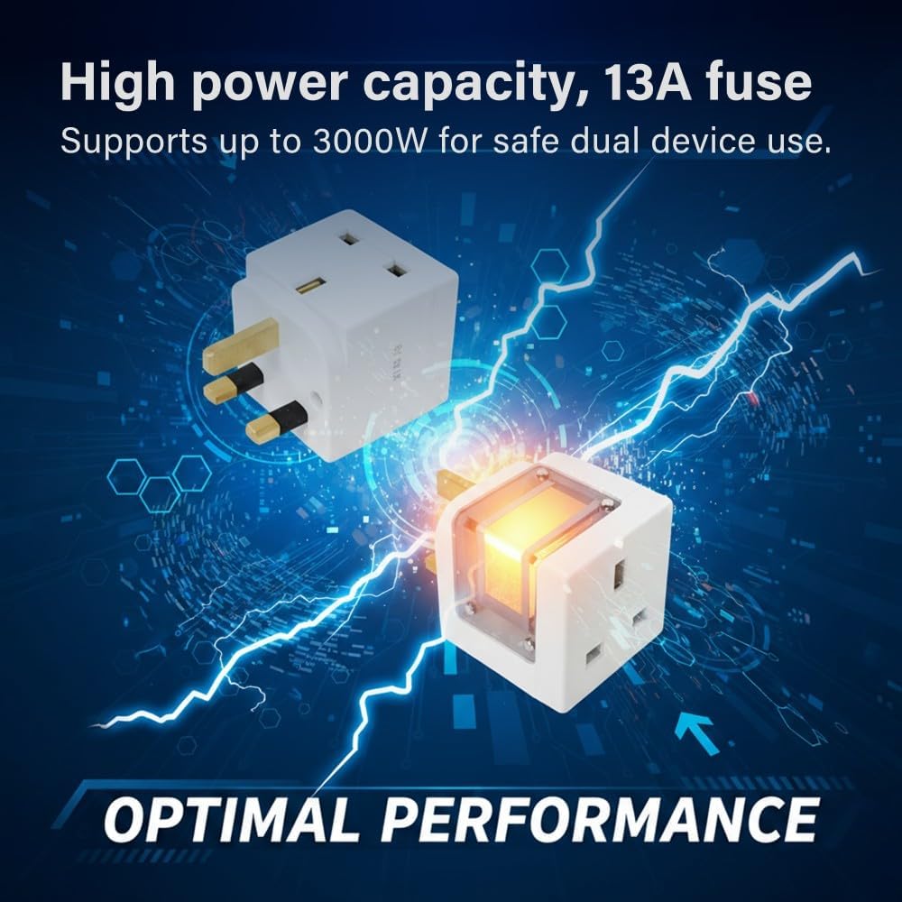 2 Way 3 Pin UK Plug Adapter Splitter 13A Fused Dual Socket Power Extension Home