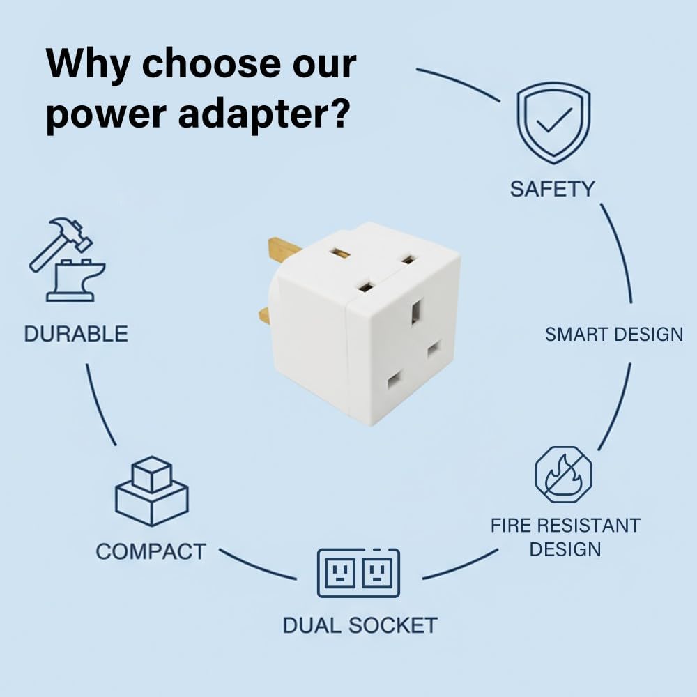 2 Way 3 Pin UK Plug Adapter Splitter 13A Fused Dual Socket Power Extension Home