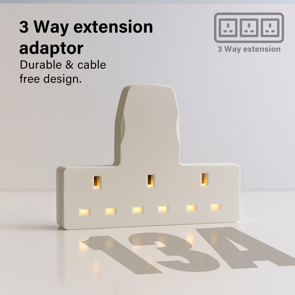 13A 3 Gang UK 3-Pin Power Adapter Multi Plug Socket Extender Mains Wall Adapter