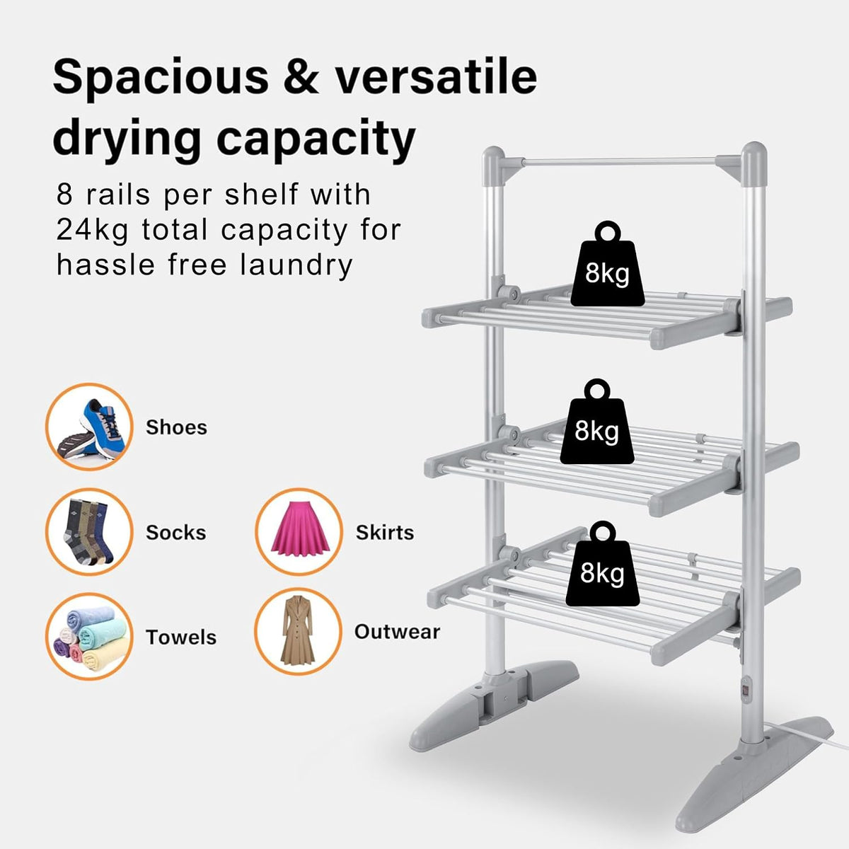 3 Tier Heated Clothes Airer with Cover Foldable Electric Drying Rack 24 Rails