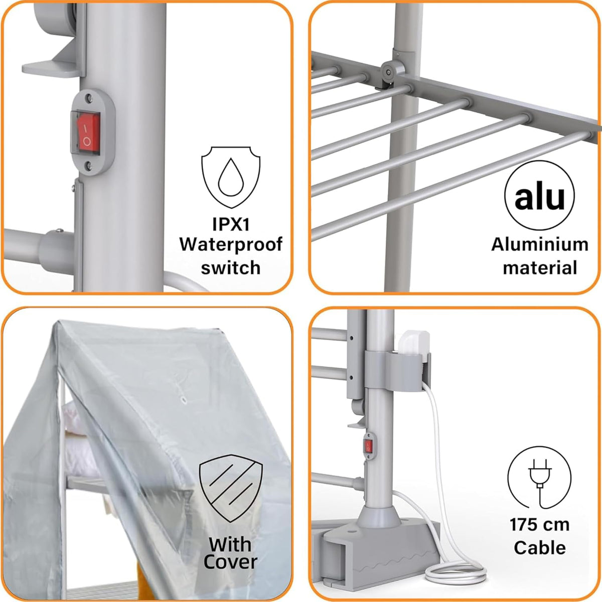 3 Tier Heated Clothes Airer with Cover Foldable Electric Drying Rack 24 Rails