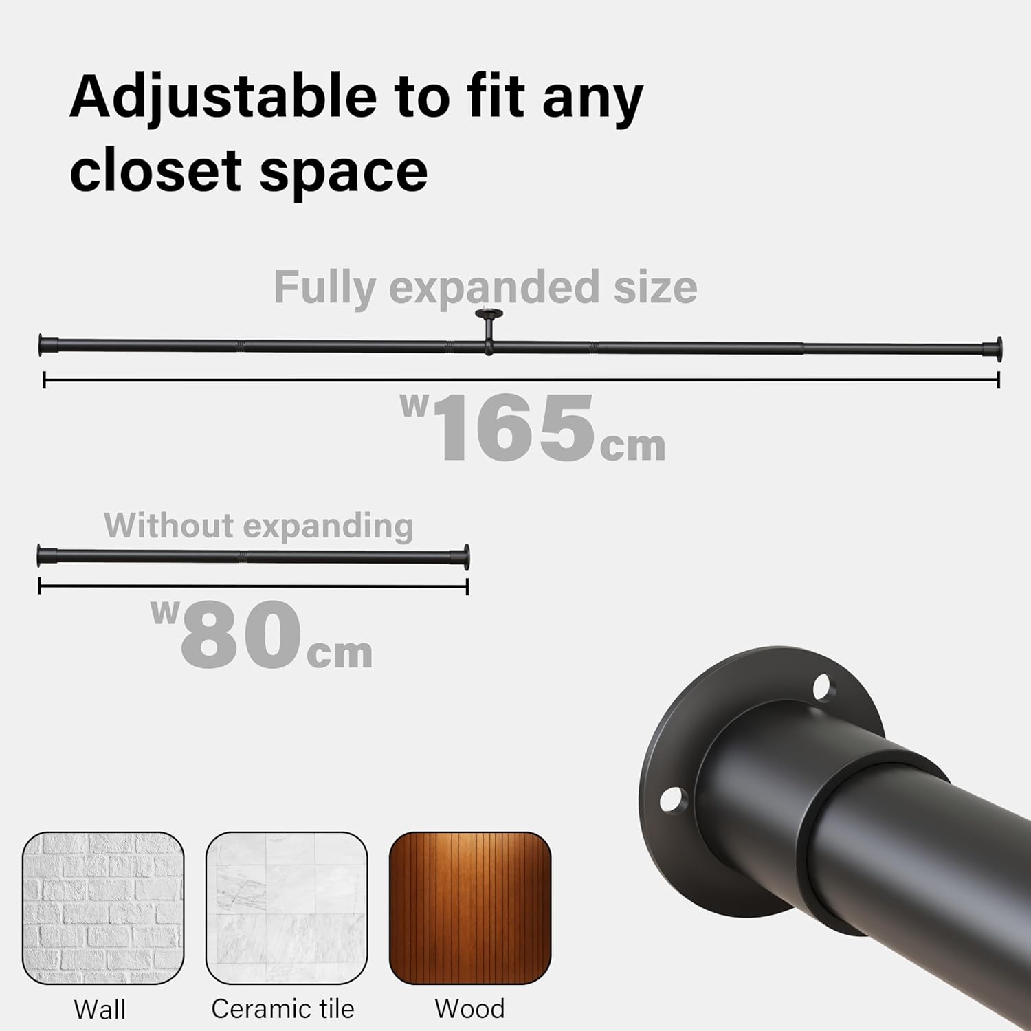 Extendable Wardrobe Clothes Rail Rod Pole Black Stainless Steel Adjustable Store