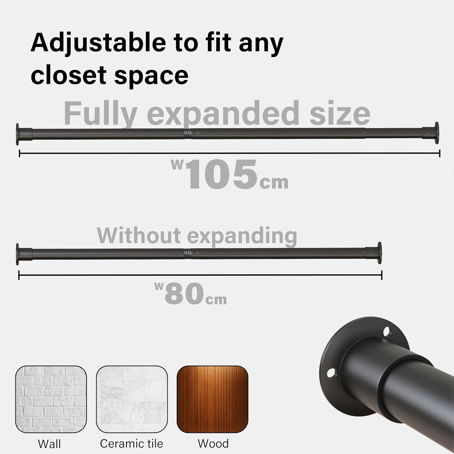 Extendable Wardrobe Clothes Rail Rod Pole Black Stainless Steel Adjustable Store