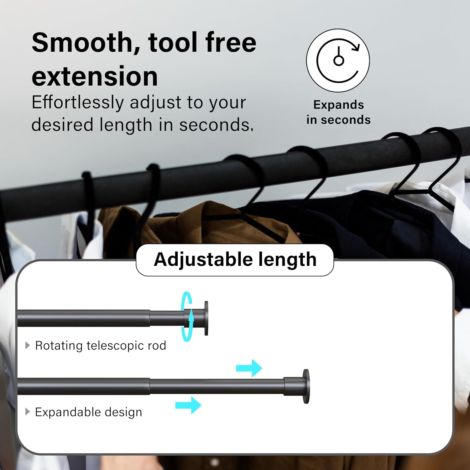 Extendable Wardrobe Clothes Rail Rod Pole Black Stainless Steel Adjustable Store