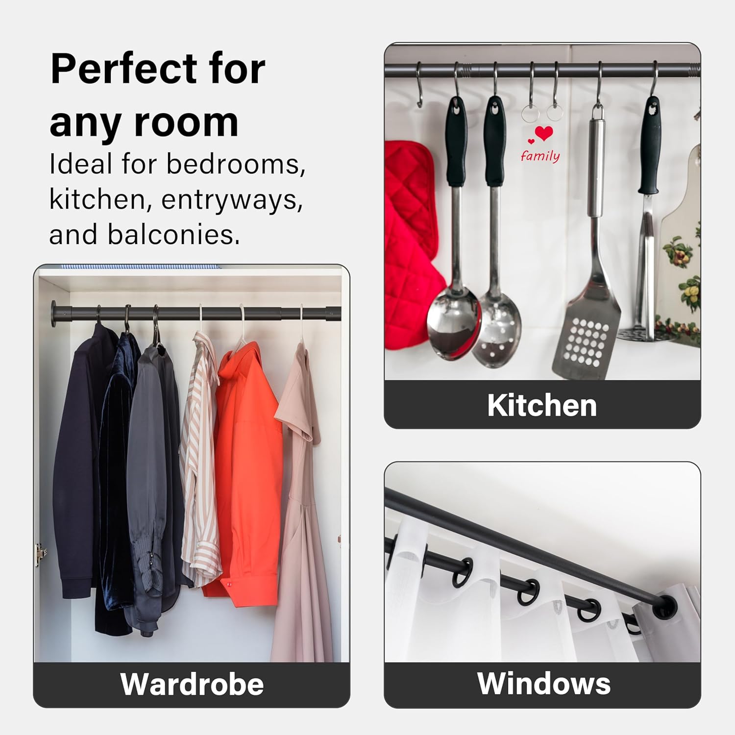 Extendable Wardrobe Clothes Rail Rod Pole Black Stainless Steel Adjustable Store