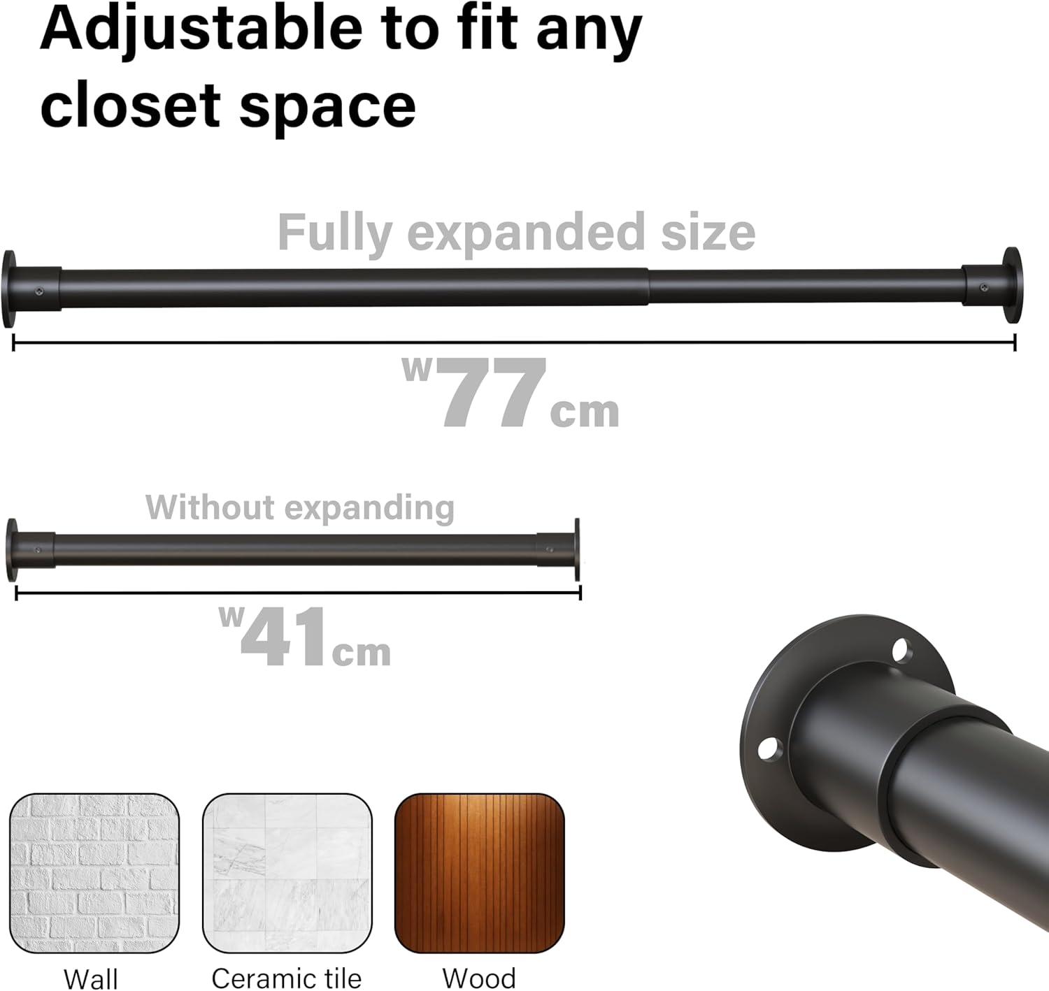Extendable Wardrobe Clothes Rail Rod Pole Black Stainless Steel Adjustable Store
