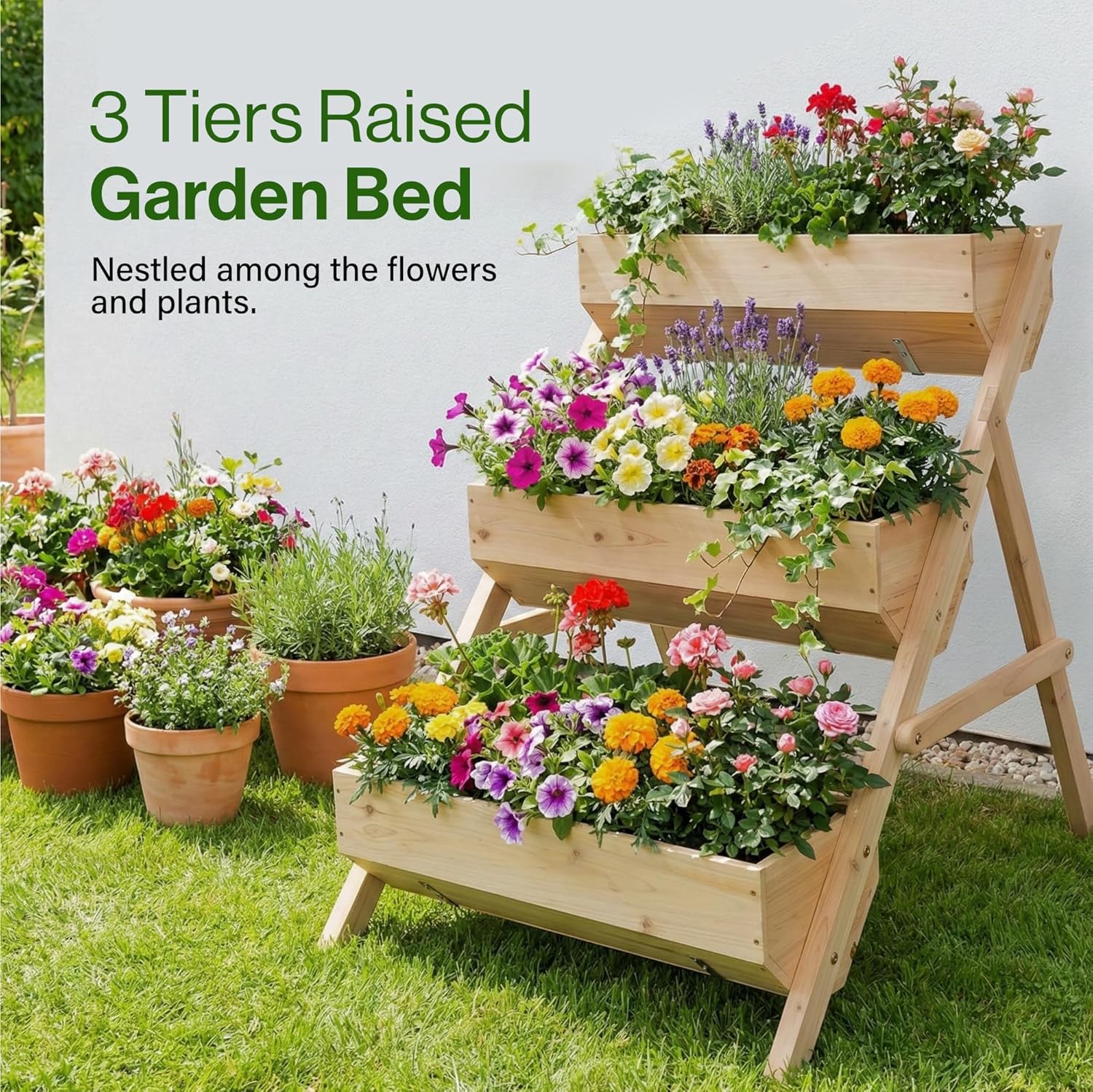 3-Tier Raised Garden Bed Large Wooden Elevated Planter Box Plant Stand Flowers