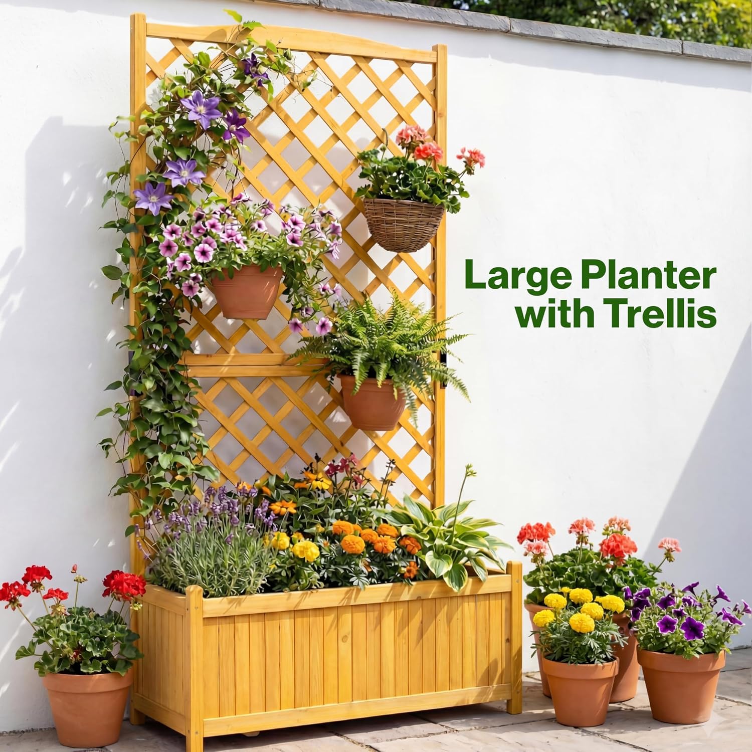 Large Rectangular Wooden Planter with Lattice Trellis Panel Climbing Plants Vine