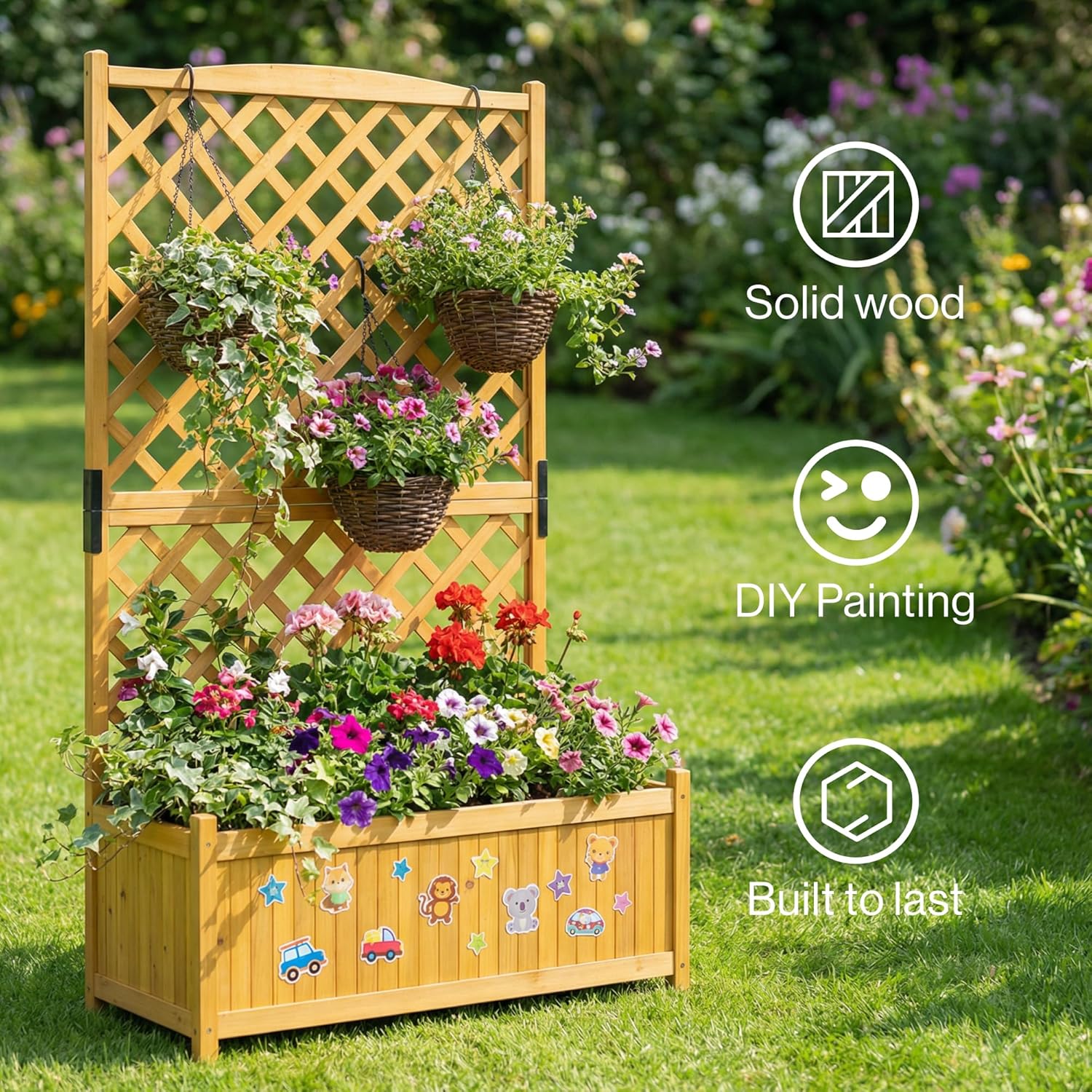 Large Rectangular Wooden Planter with Lattice Trellis Panel Climbing Plants Vine