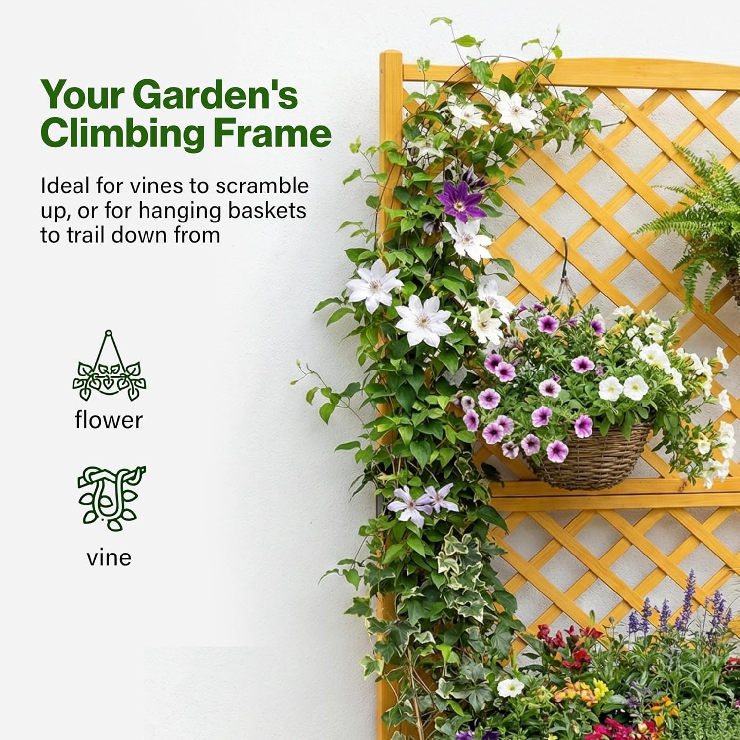 Large Rectangular Wooden Planter with Lattice Trellis Panel Climbing Plants Vine