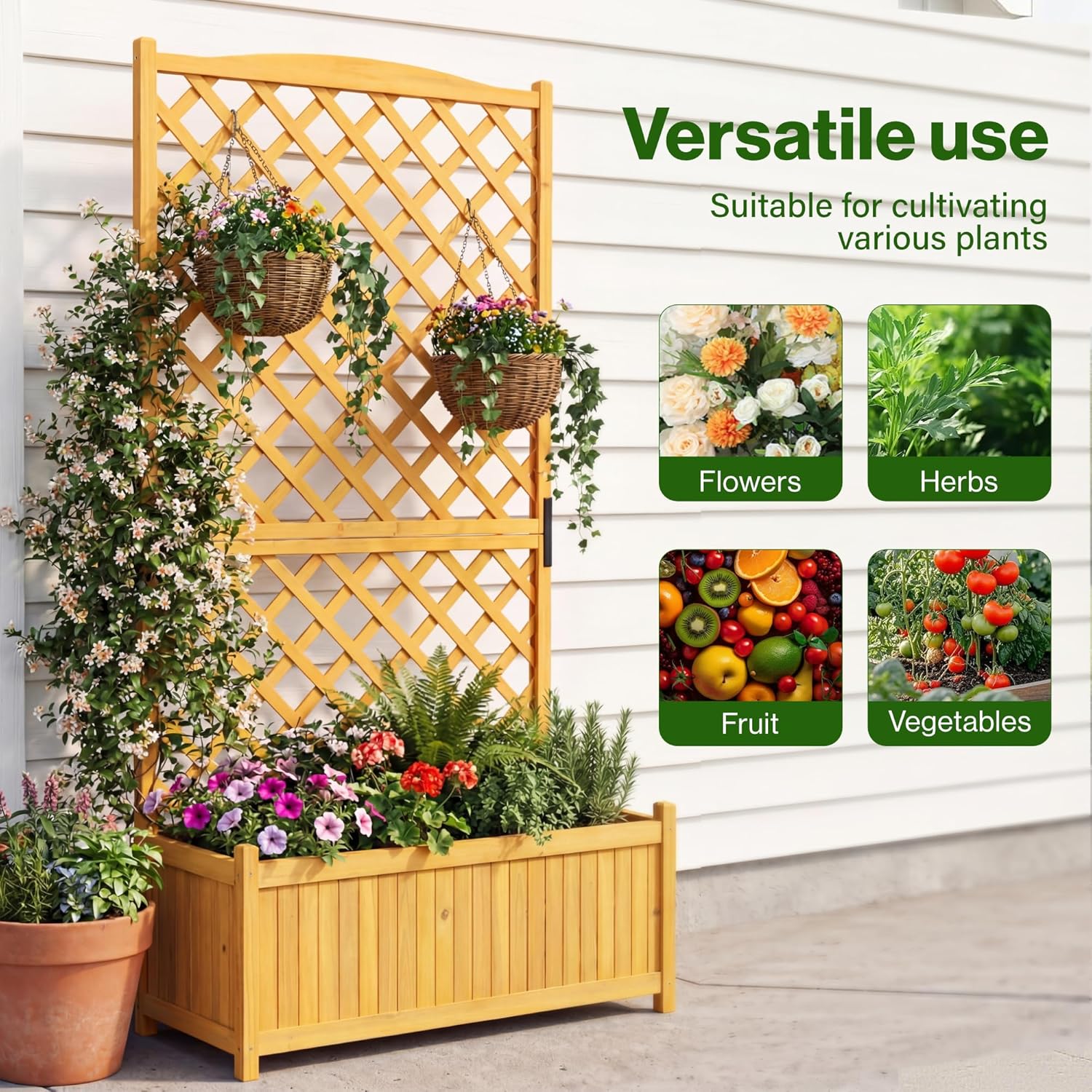 Large Rectangular Wooden Planter with Lattice Trellis Panel Climbing Plants Vine