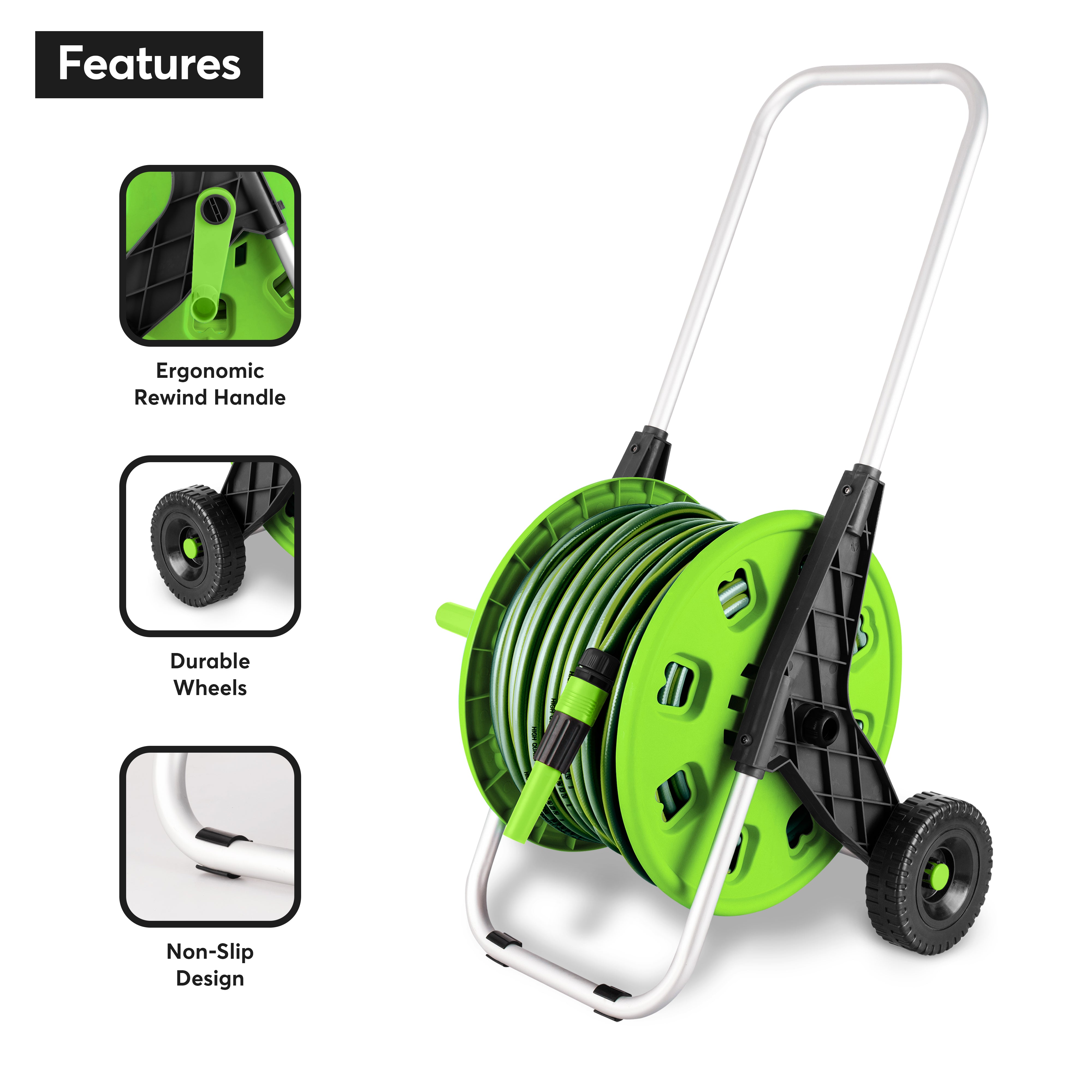 50M Garden Hose Reel Cart Trolley Portable Water Pipe Free Standing Adjustable