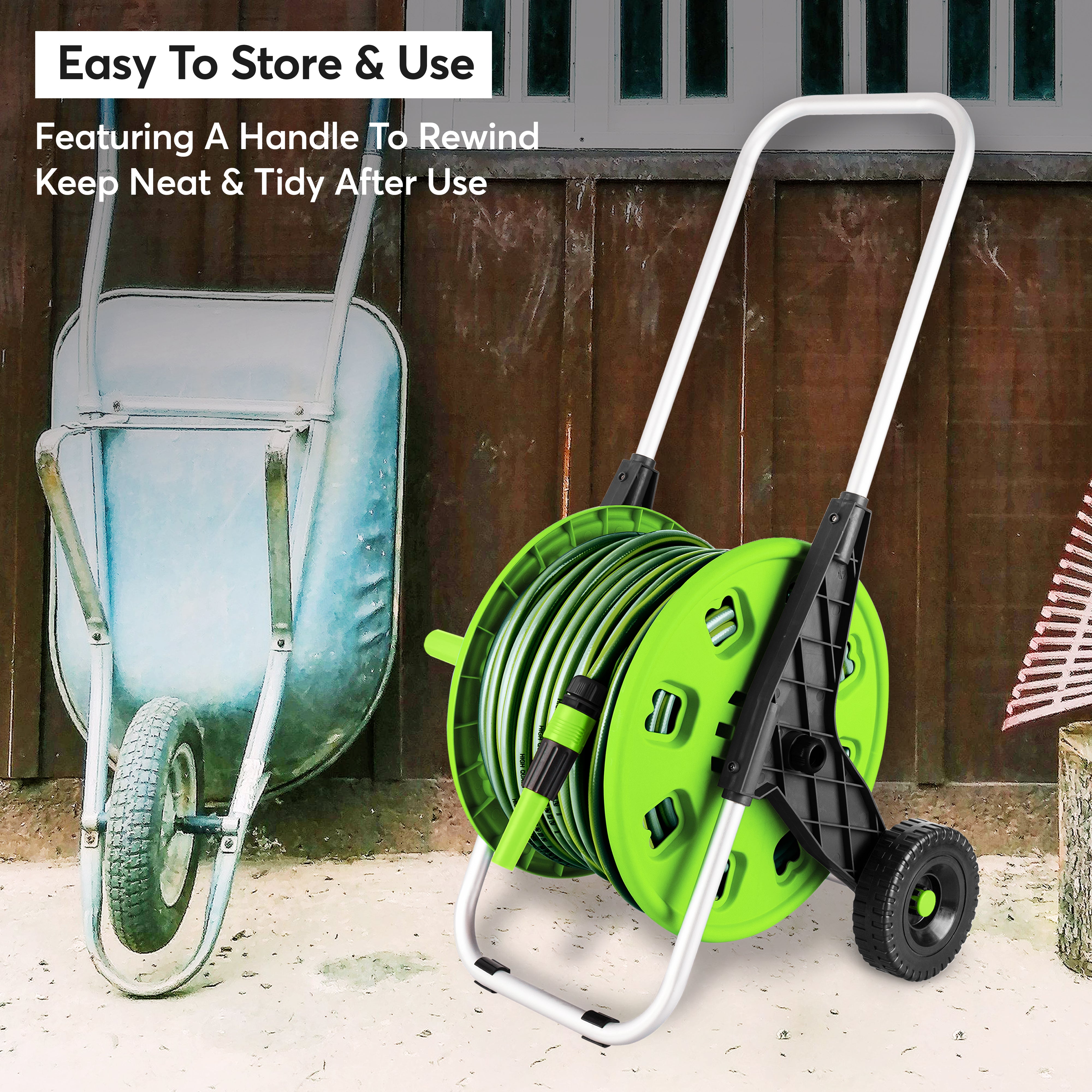 50M Garden Hose Reel Cart Trolley Portable Water Pipe Free Standing Adjustable