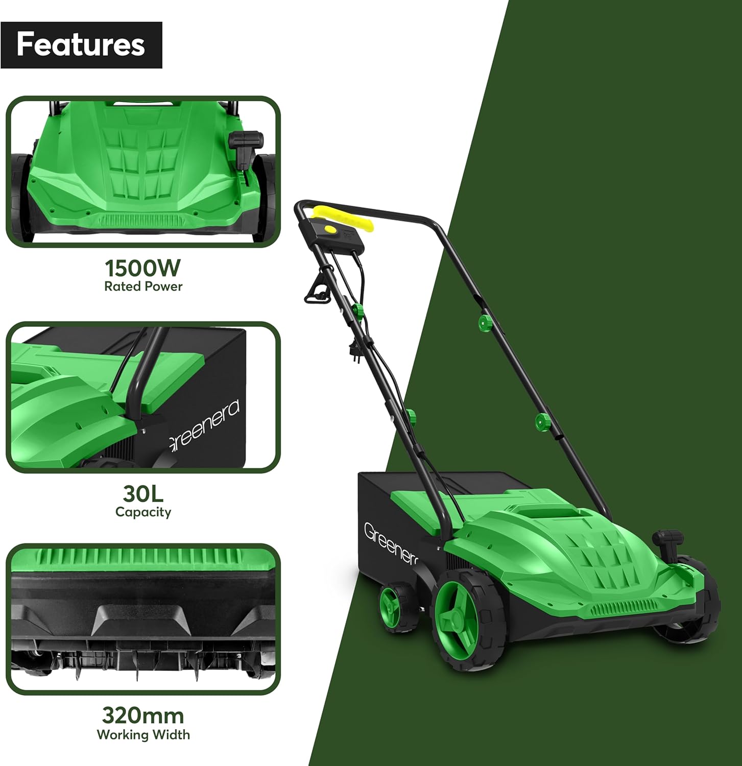 1500w Electric Lawn Scarifier Aerator Lawn Rake 30L Adjustable Foldable Handles