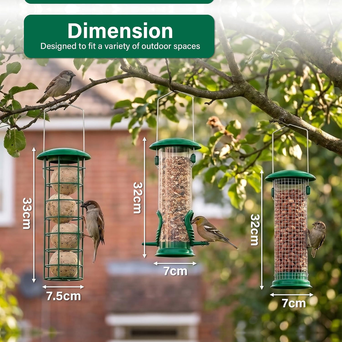 Pack of 3 Metal Hanging Bird Feeders for Wild Bird Seed & Fat Balls Garden Feed