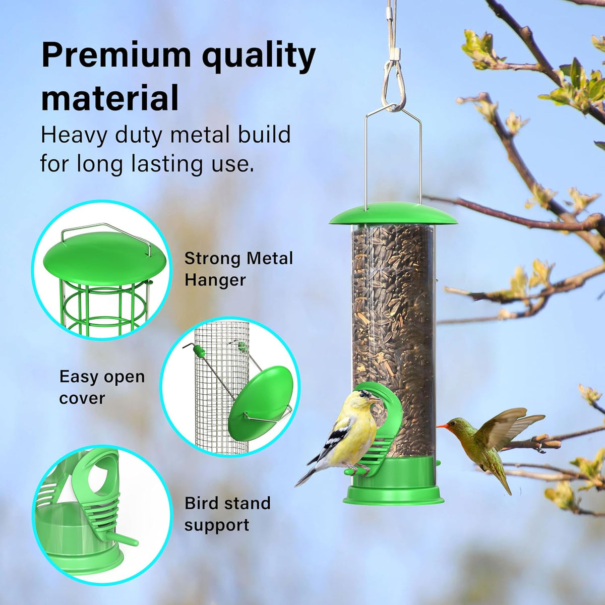 Pack of 3 Metal Hanging Bird Feeders for Wild Bird Seed & Fat Balls Garden Feed