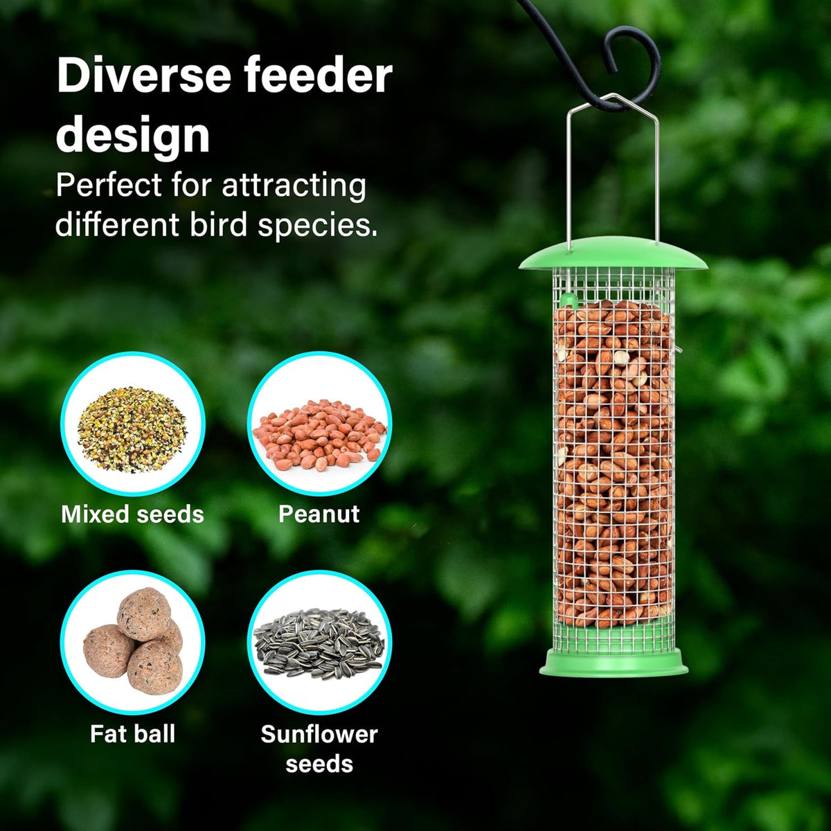 Pack of 3 Metal Hanging Bird Feeders for Wild Bird Seed & Fat Balls Garden Feed