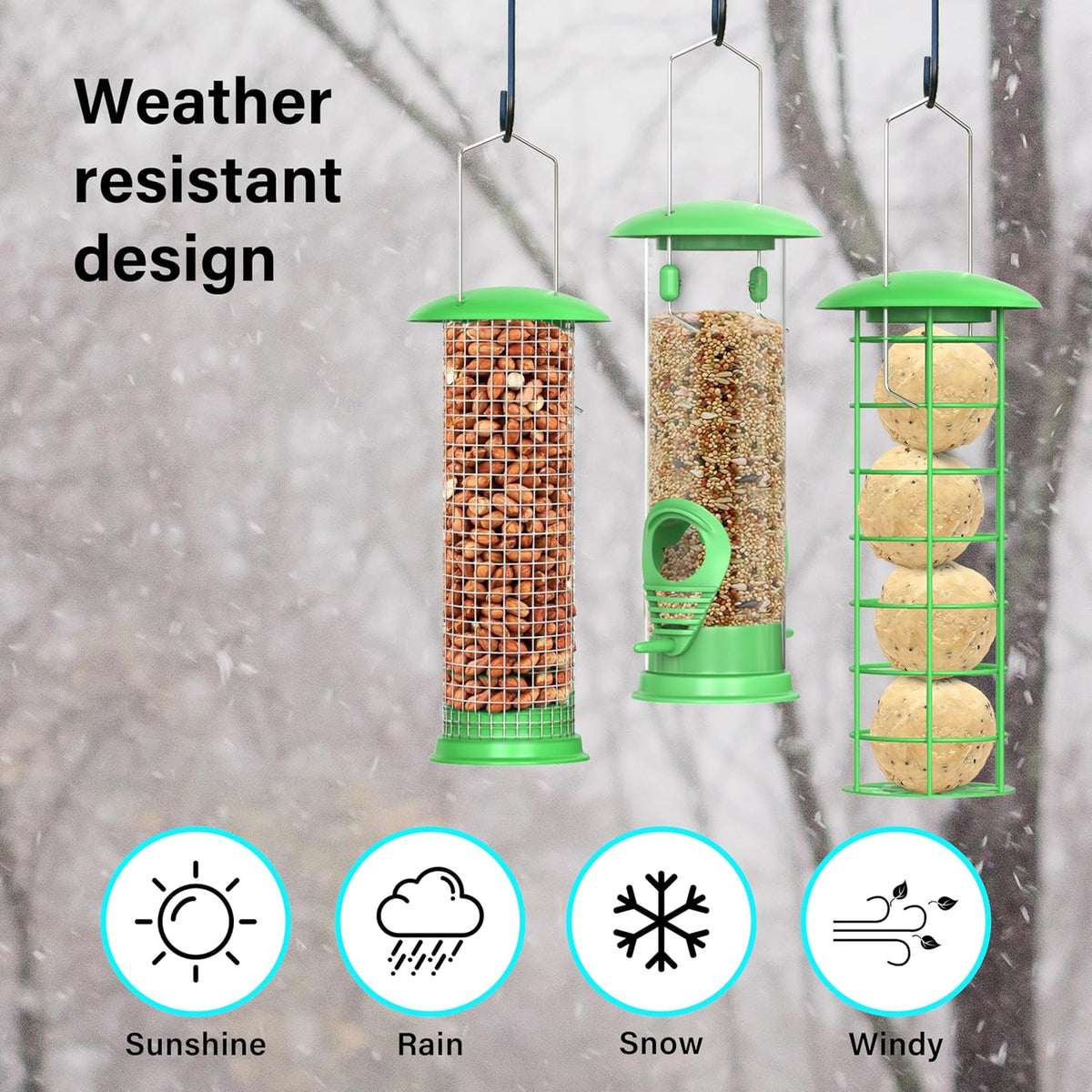 Pack of 3 Metal Hanging Bird Feeders for Wild Bird Seed & Fat Balls Garden Feed