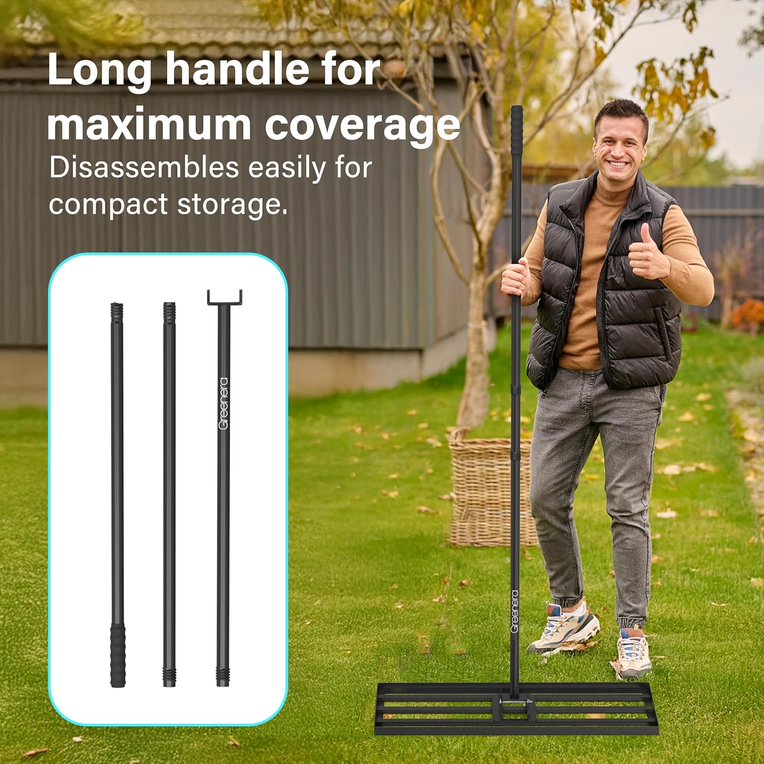 Lawn Leveling Rake Long Handle Heavy Duty Stainless Steel Soil Grass Garden