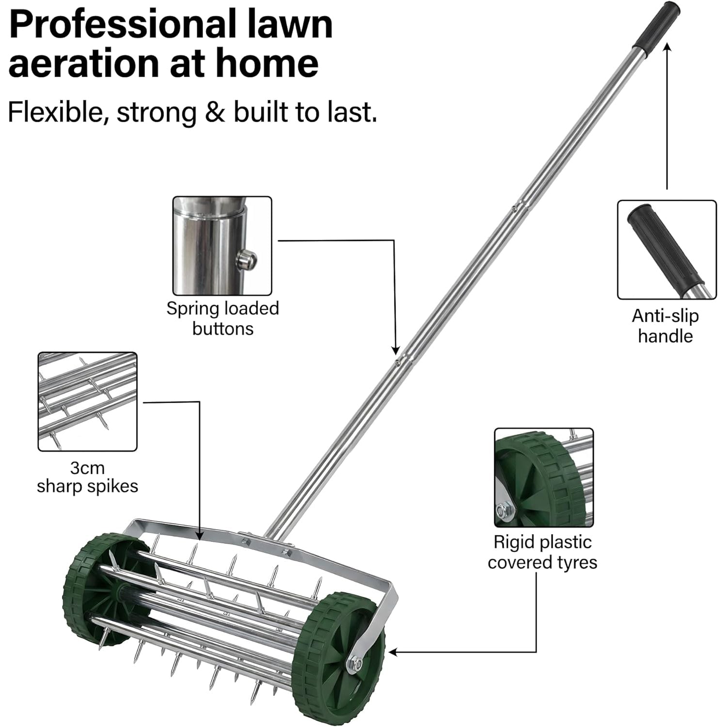 Portable Rolling Grass Lawn Soil Garden Aerator Steel Spike Roller Metal Handle