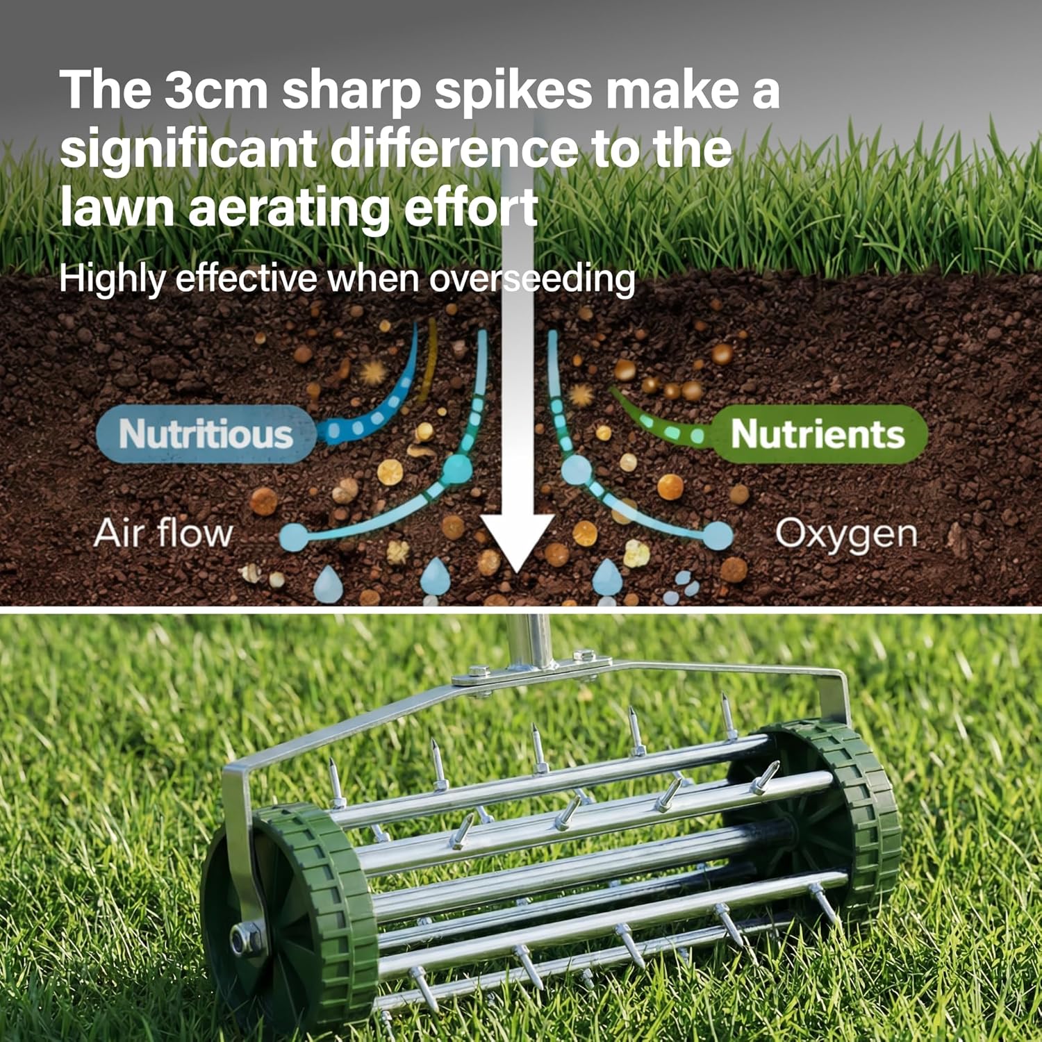 Portable Rolling Grass Lawn Soil Garden Aerator Steel Spike Roller Metal Handle