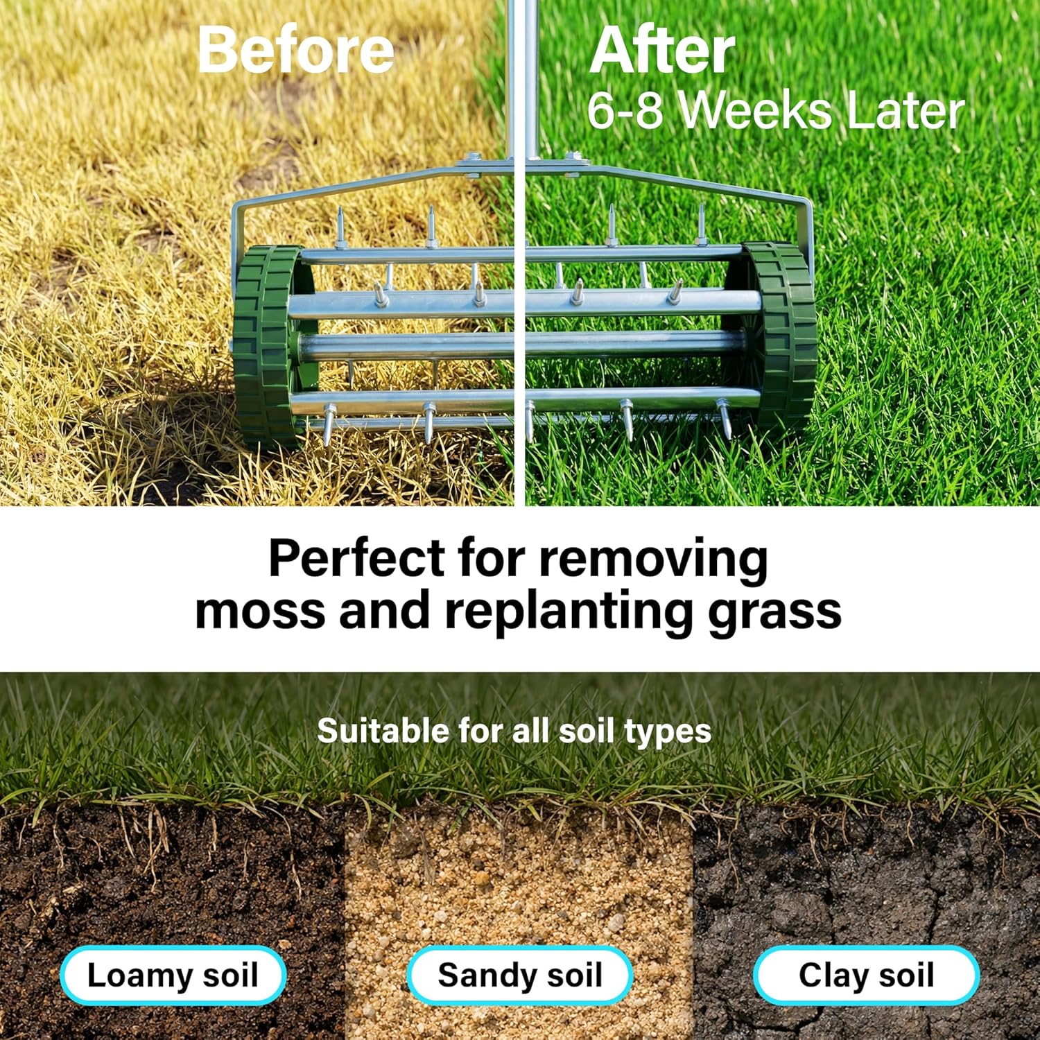 Portable Rolling Grass Lawn Soil Garden Aerator Steel Spike Roller Metal Handle