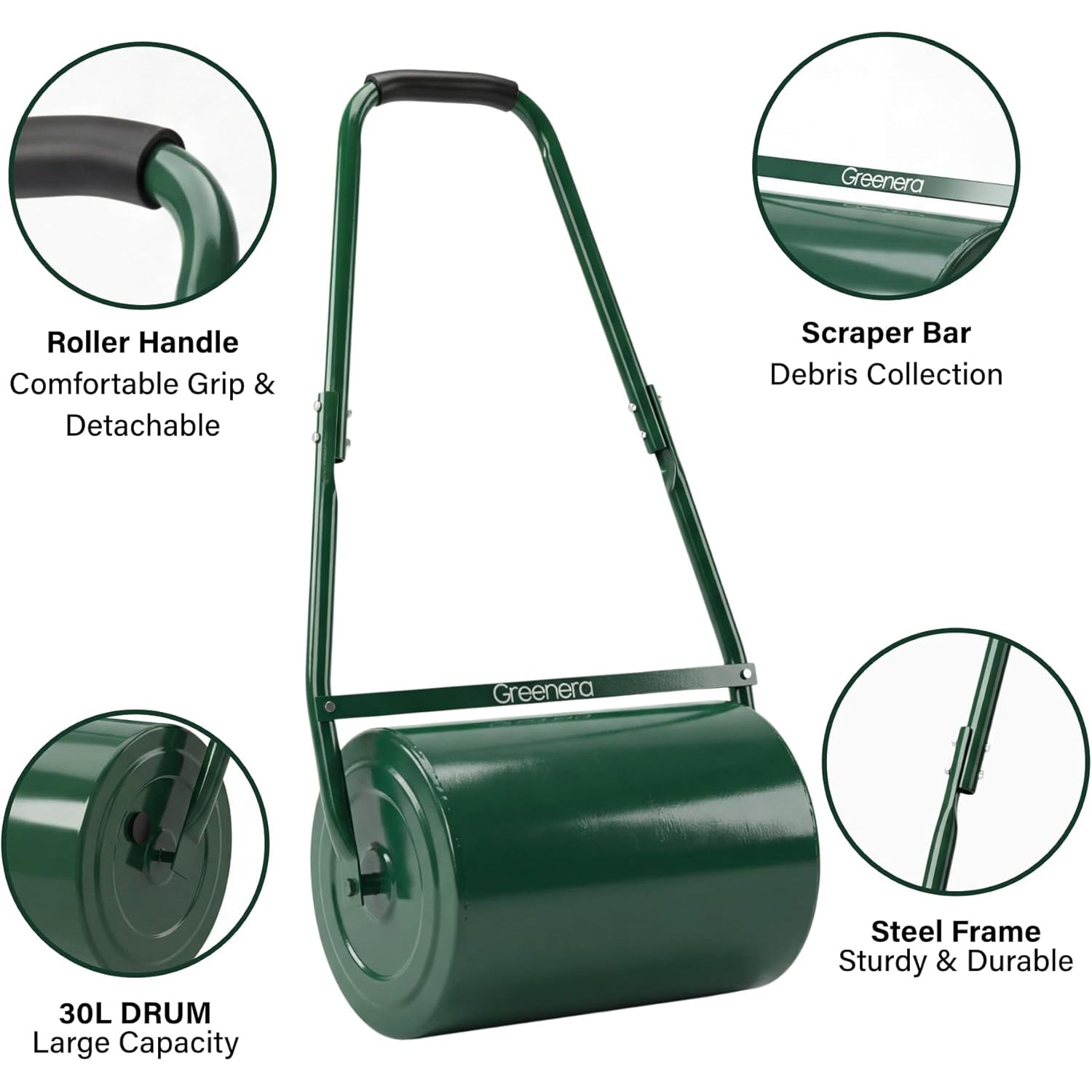 30L Garden Lawn Grass Roller Heavy Duty Steel Drum Outdoor U-Shaped Handle Level