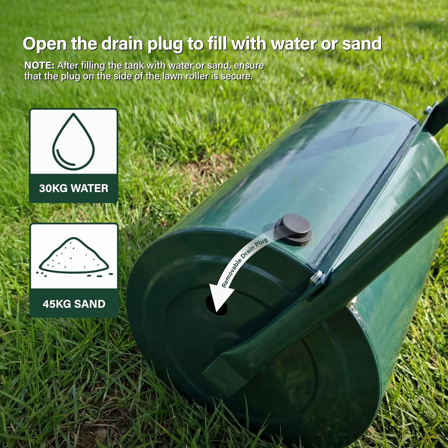 30L Garden Lawn Grass Roller Heavy Duty Steel Drum Outdoor U-Shaped Handle Level