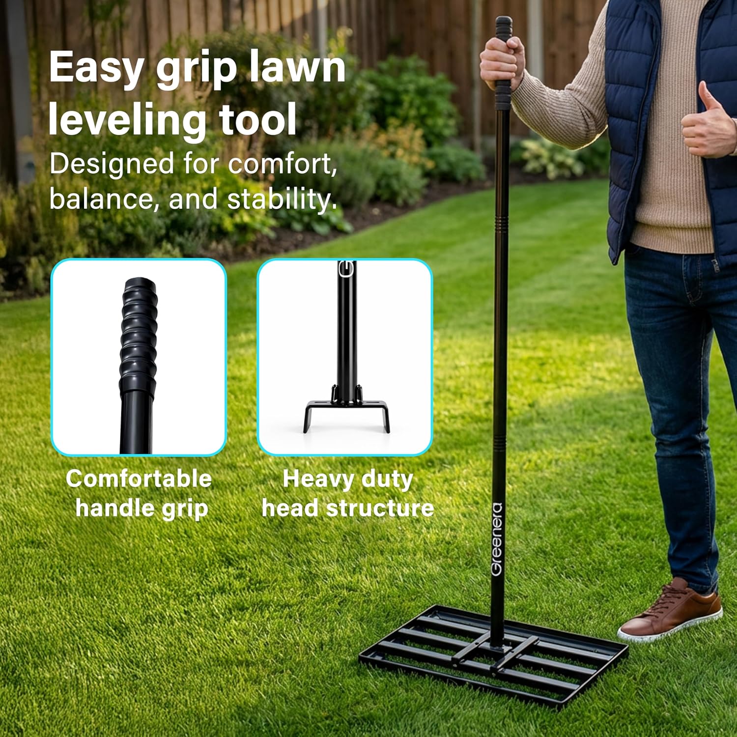 Lawn Leveling Rake Long Handle Heavy Duty Stainless Steel Soil Grass Garden