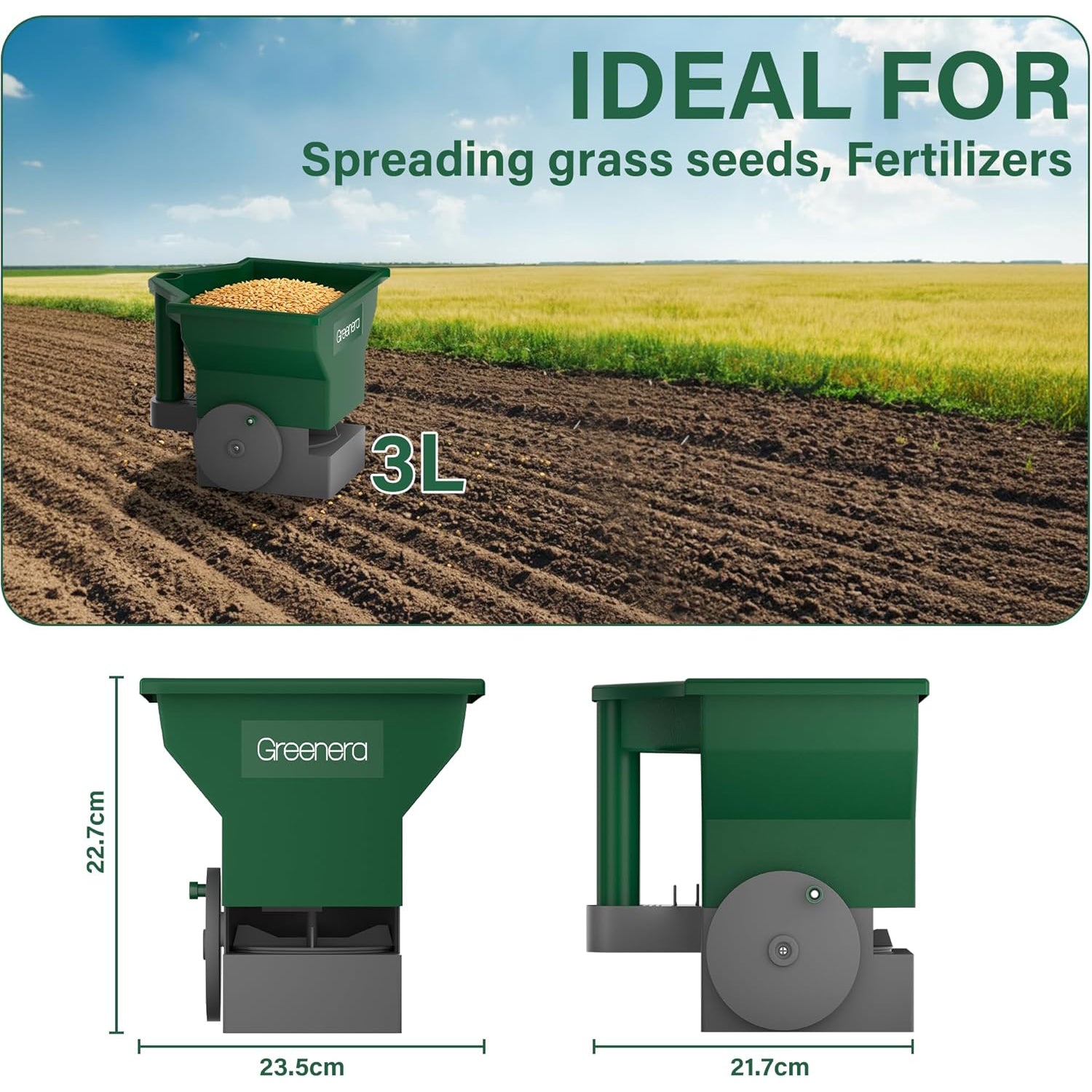 3L Manual Lawn Spreader Dual Gritter Grass Seed Fertiliser Weed Plant Feed Salt