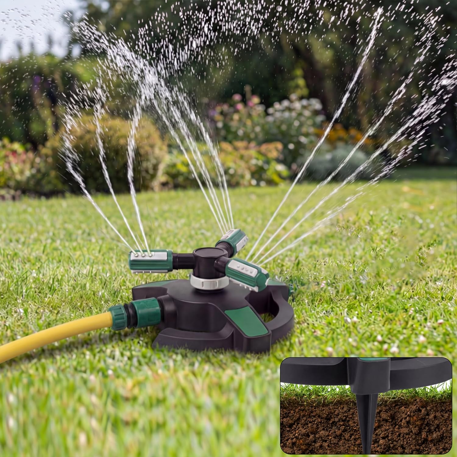Garden Water Sprinkler with Plastic Spike 3 Spray Patterns 360° Adjustable Lawn