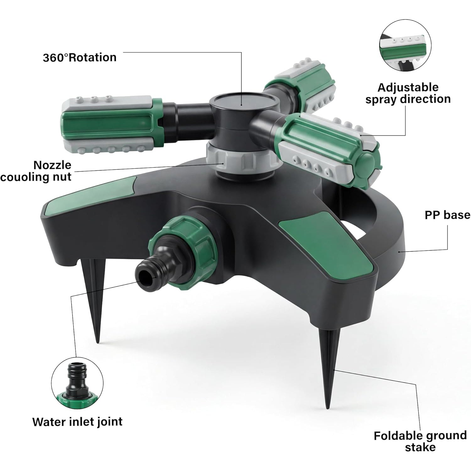 Garden Water Sprinkler with Plastic Spike 3 Spray Patterns 360° Adjustable Lawn
