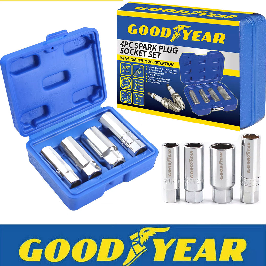 Goodyear 4pc Spark Plug Socket Set With Rubber Plug Retention External Hex