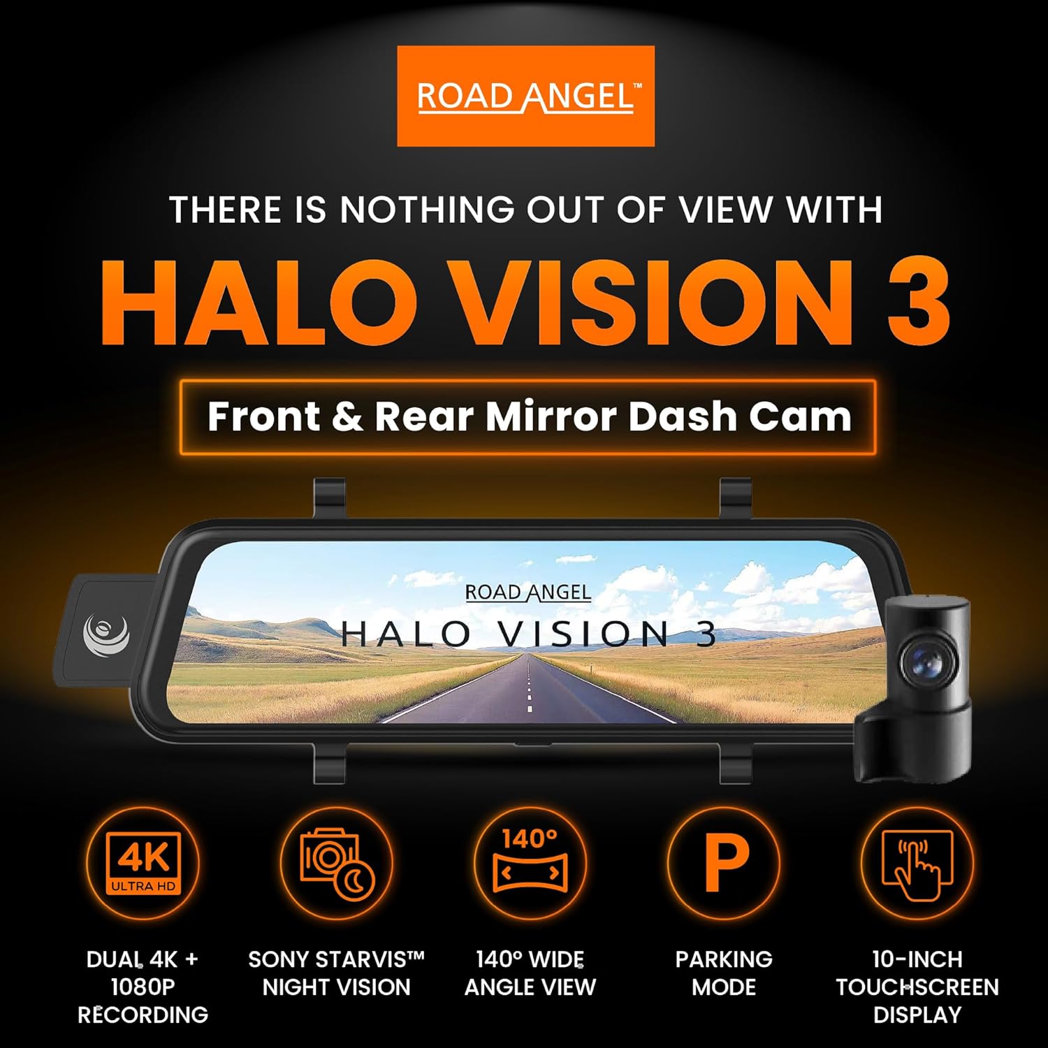 Road Angel Halo Vision 3 4K Mirror Dash Cam Front and Rear View Mirror Camera