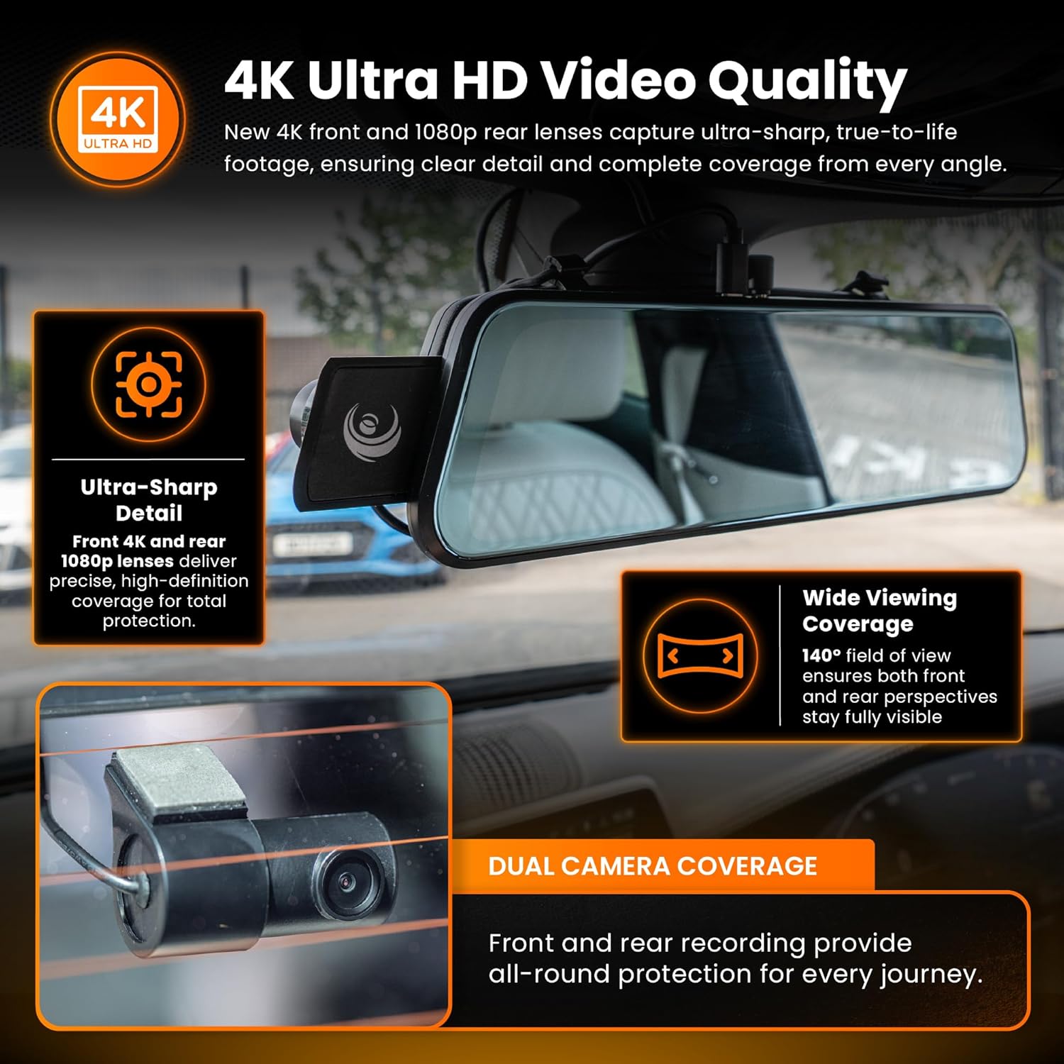 Road Angel Halo Vision 3 4K Mirror Dash Cam Front and Rear View Mirror Camera