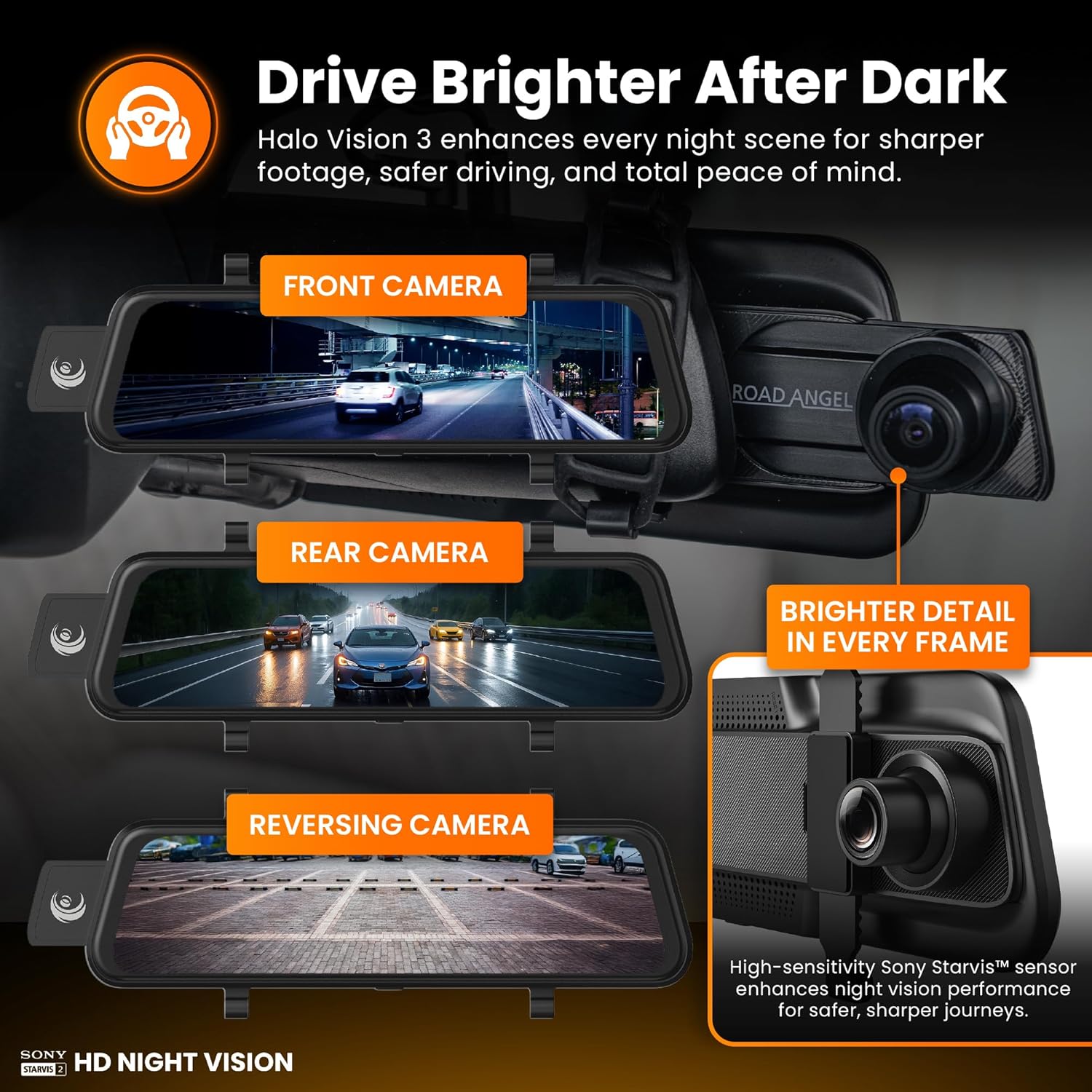 Road Angel Halo Vision 3 4K Mirror Dash Cam Front and Rear View Mirror Camera
