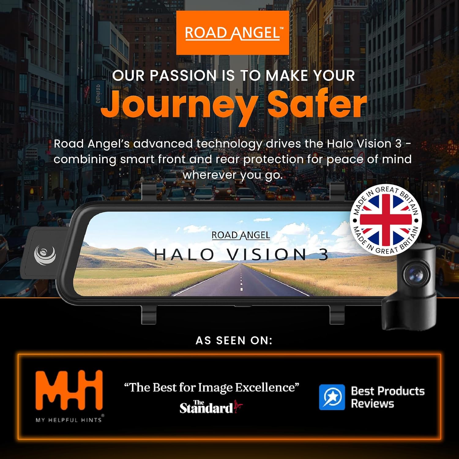 Road Angel Halo Vision 3 4K Mirror Dash Cam Front and Rear View Mirror Camera