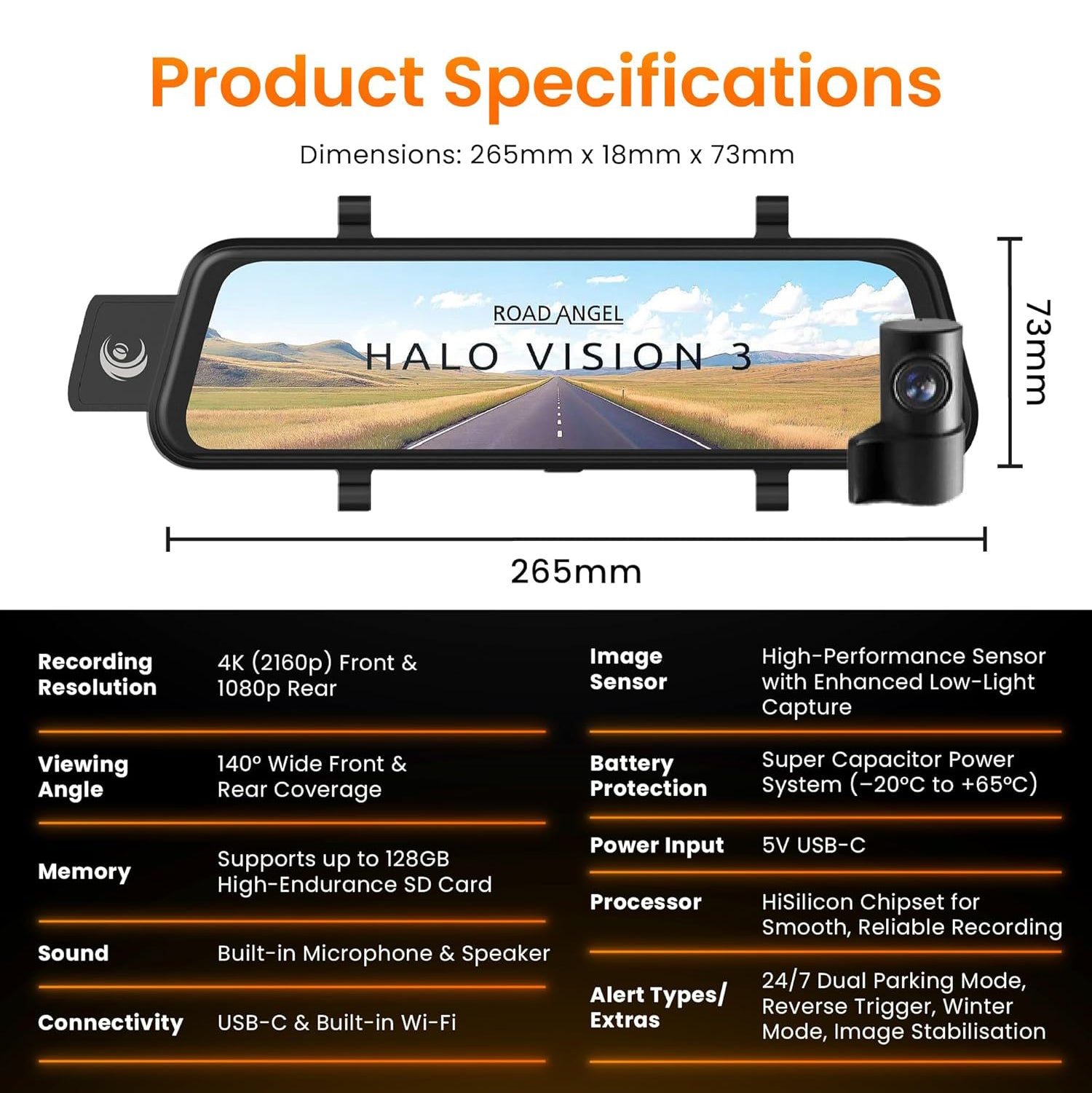 Road Angel Halo Vision 3 4K Mirror Dash Cam Front and Rear View Mirror Camera