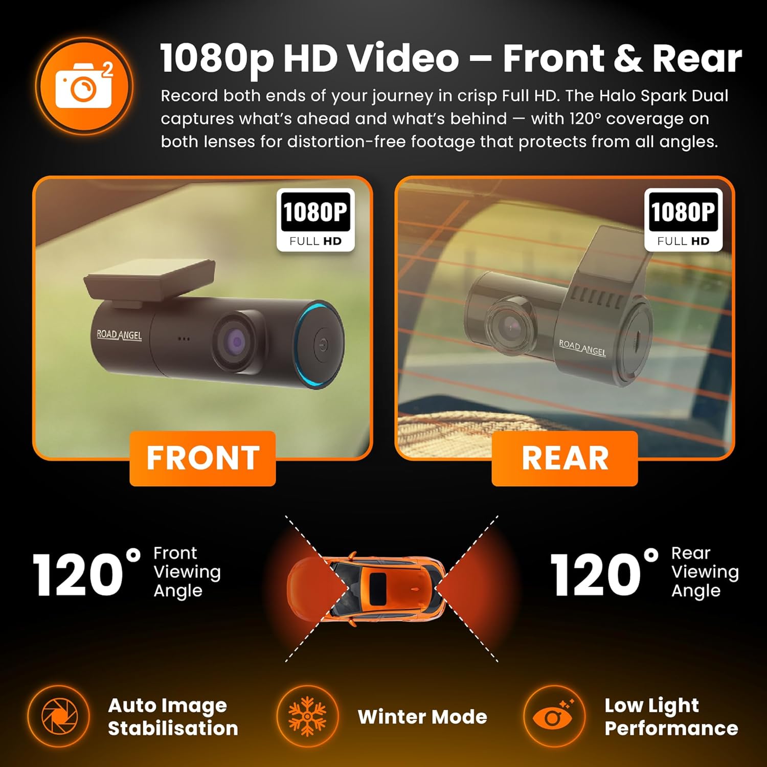 Road Angel Halo Spark Dual 1080p HD Car Camera Dash Cam Front & Rear Wi-Fi
