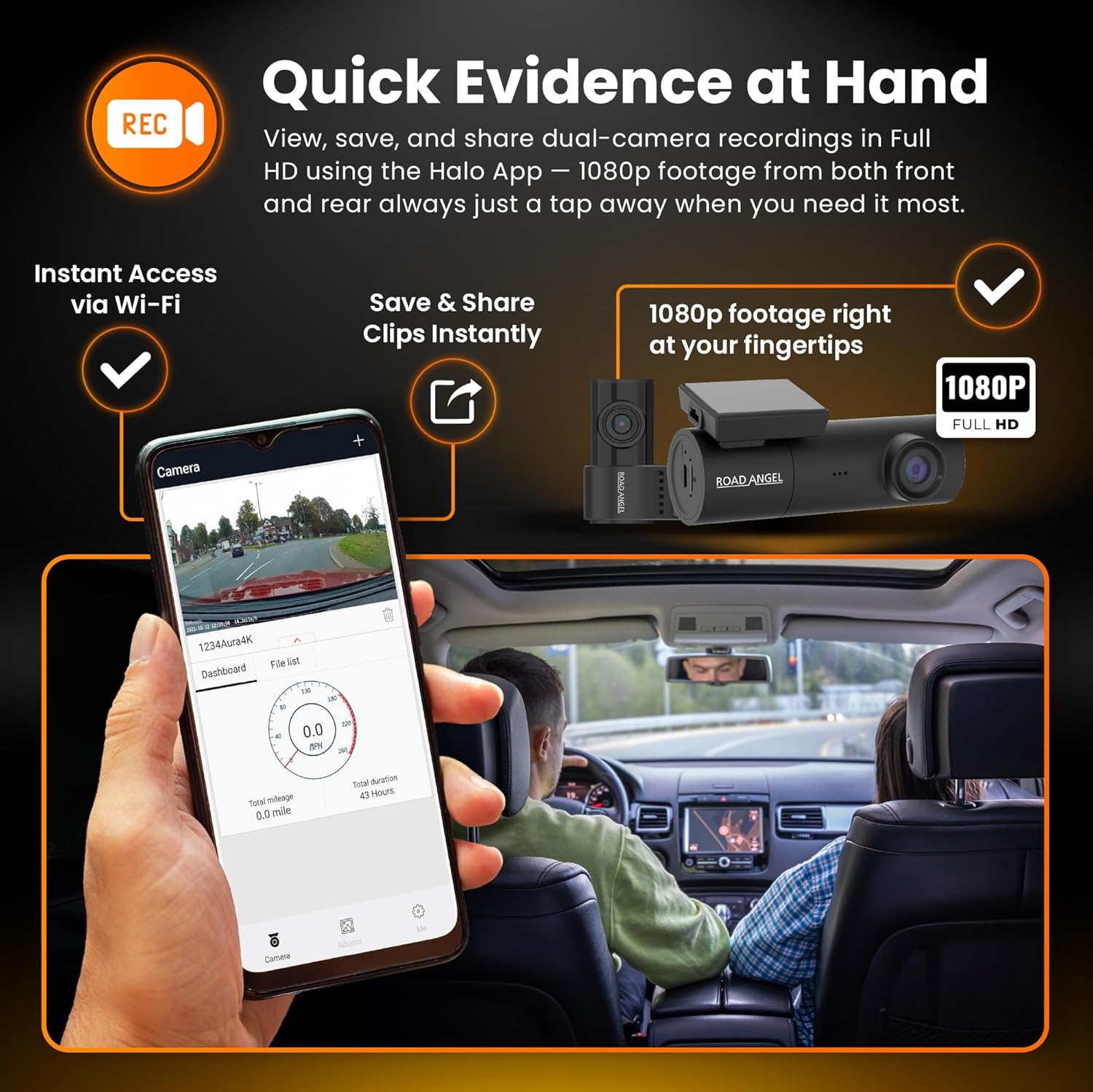 Road Angel Halo Spark Dual 1080p HD Car Camera Dash Cam Front & Rear Wi-Fi