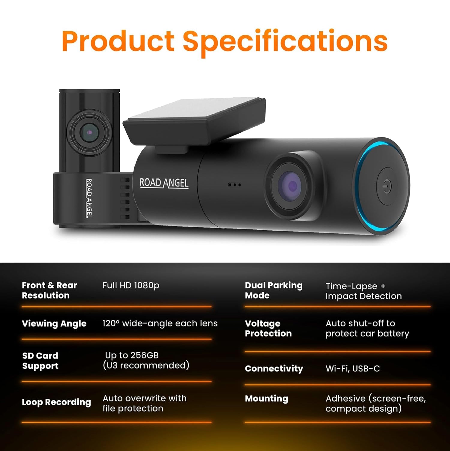 Road Angel Halo Spark Dual 1080p HD Car Camera Dash Cam Front & Rear Wi-Fi