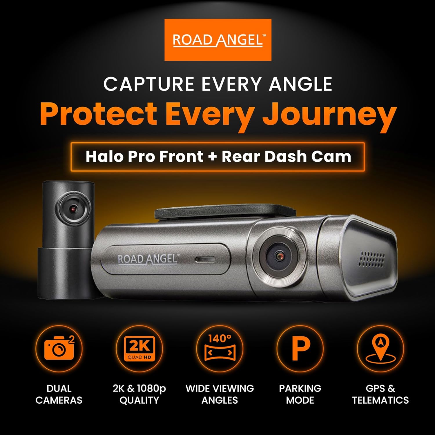Road Angel Halo Pro 2K Car Dash Cam Front Rear HD Night Vision WiFi HD3 1440p