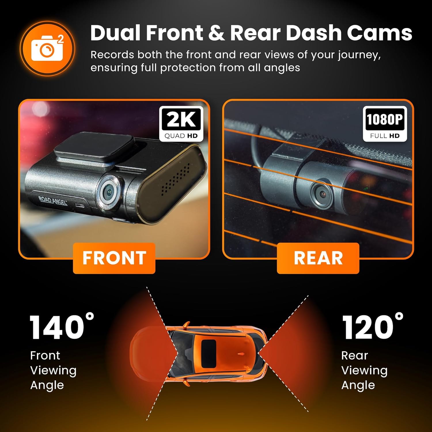 Road Angel Halo Pro 2K Car Dash Cam Front Rear HD Night Vision WiFi HD3 1440p