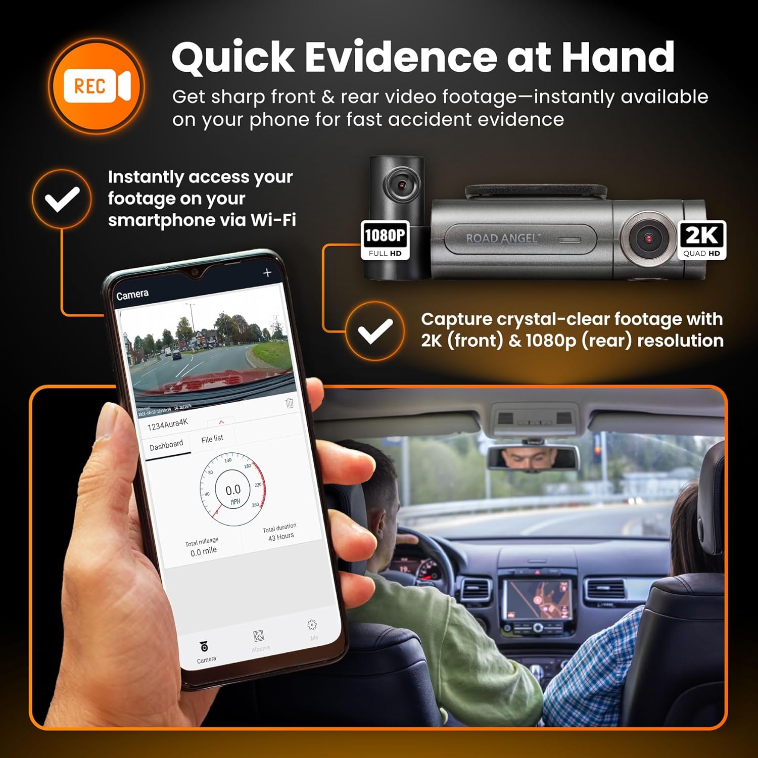 Road Angel Halo Pro 2K Car Dash Cam Front Rear HD Night Vision WiFi HD3 1440p