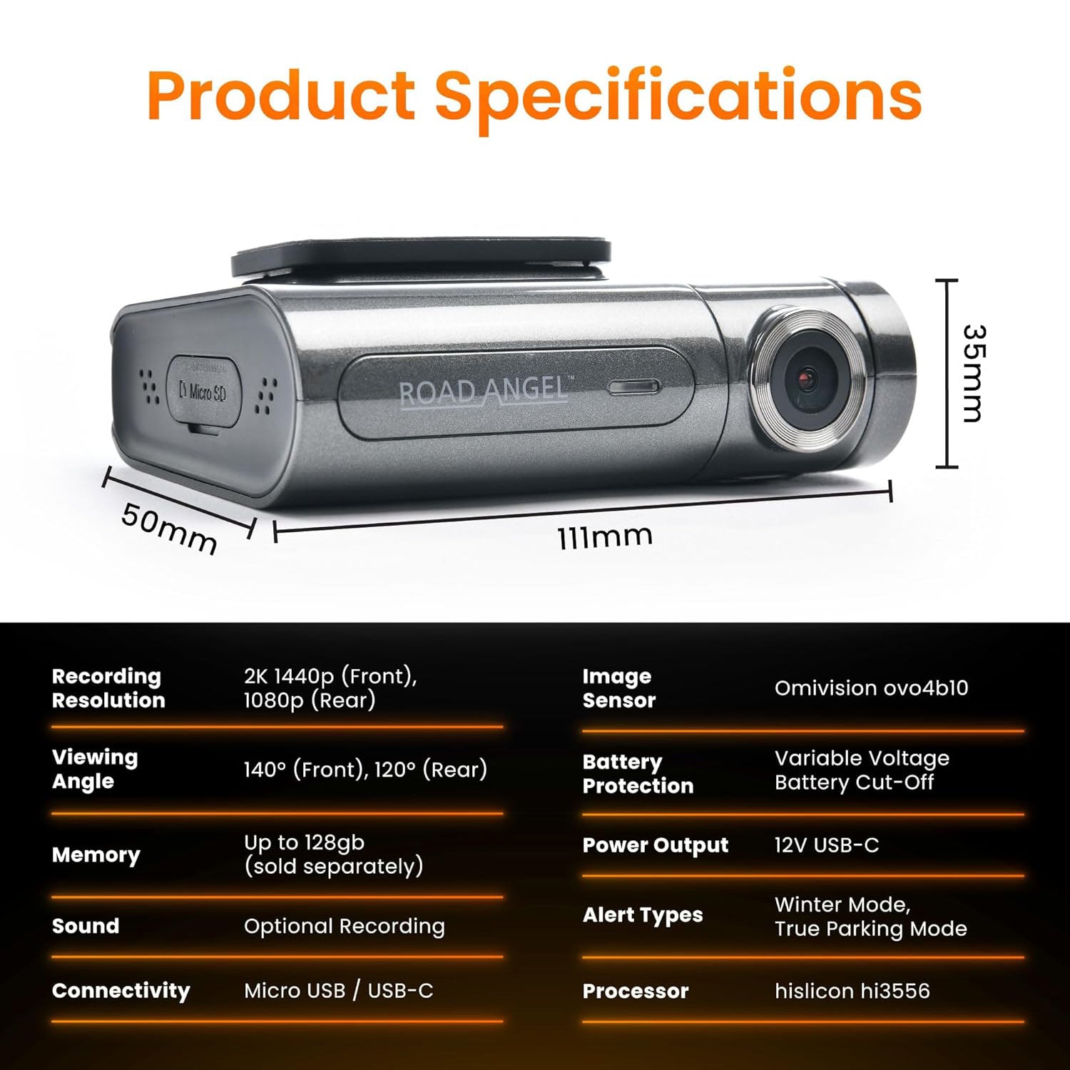 Road Angel Halo Pro 2K Car Dash Cam Front Rear HD Night Vision WiFi HD3 1440p