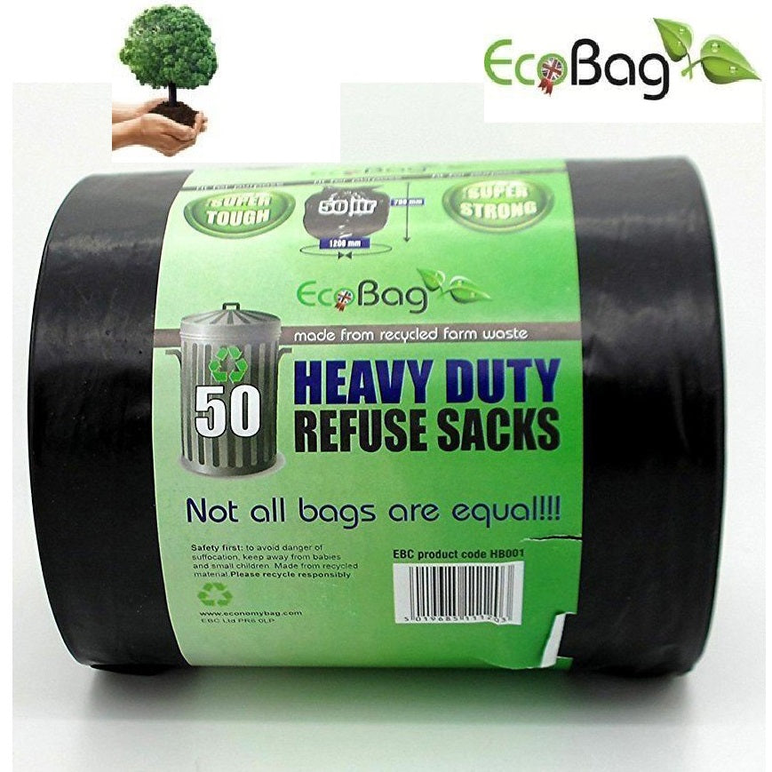 50 Eco Bag Heavy Duty Refuse Sacks Rubbish Household Bin 50L 140 Gauge