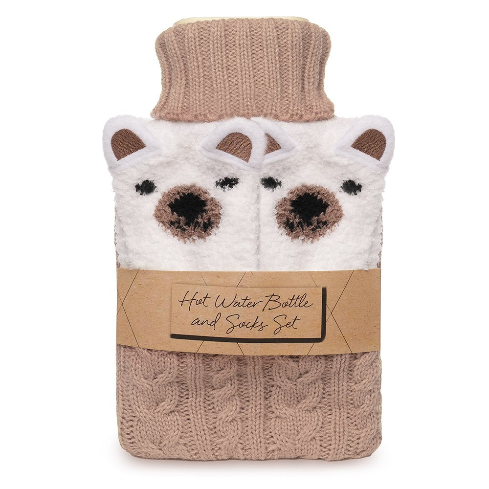 Follow That Dream Camel Knit 1.5L Hot Water Bottle & Polar Bear Cosy Socks Set