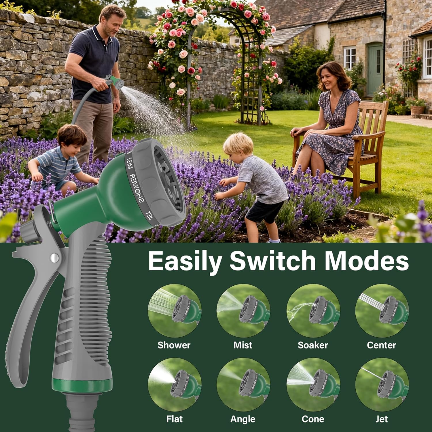 12m Mini Garden Hose Pipe 8 Pattern Water Spray Gun Adjustable Nozzles Stand
